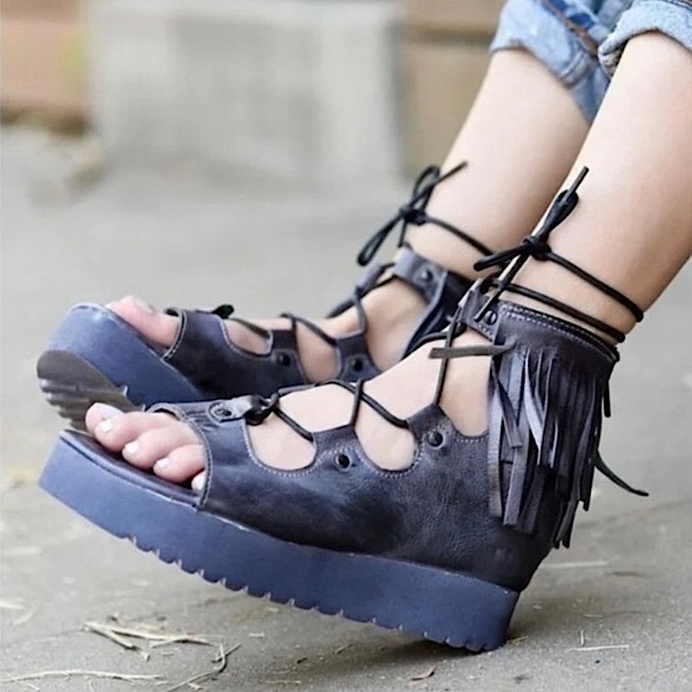 Rare BED STU Sandals MADISON Boho Dark Gray Blue Purple Leather Fringe Size 7.5